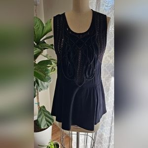 Free People Knit Top Women Sz L Black Bead Design Lace Panels Peplum